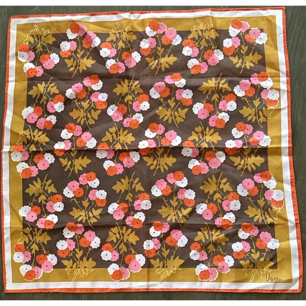 Vintage Vera Neumann Scarf Rust Brown Gold Pink Floral Square 21"x22" Garden